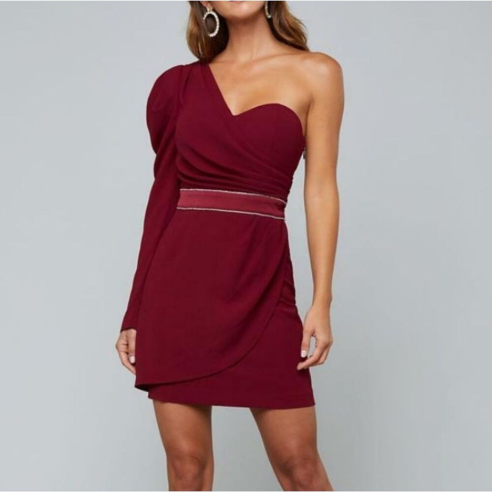 Bebe Embellished Trim One Shoulder Sheath Dress Burgundy - Size 12 NWT